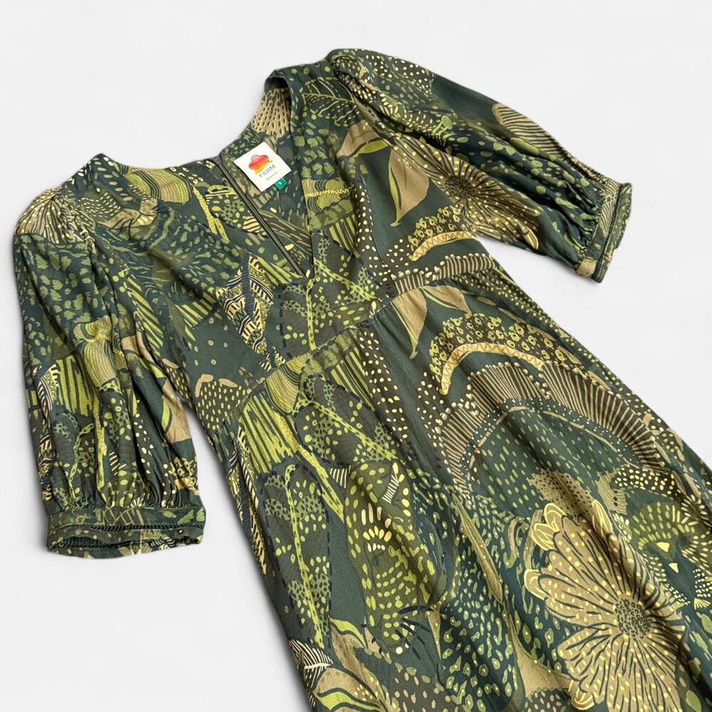 Farm Rio Dark Green & Yellow Tropical Floral Pattern Puff Sleeve Tiered Dress - Picture 7 of 8